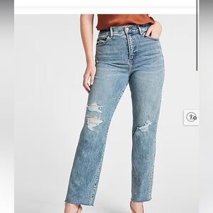 Express Super High Waisted Medium Wash Ripped Modern Straight Jeans